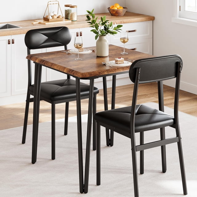 Dining Table Set for 2 With Upholstered Chairs, a 3-piece square dining set with a rustic brown engineered wood tabletop and sturdy black iron legs. Includes two padded chairs with high backrests for comfort. Compact and space-saving, perfect for small kitchens, apartments, or breakfast nooks. Easy to clean and assemble.