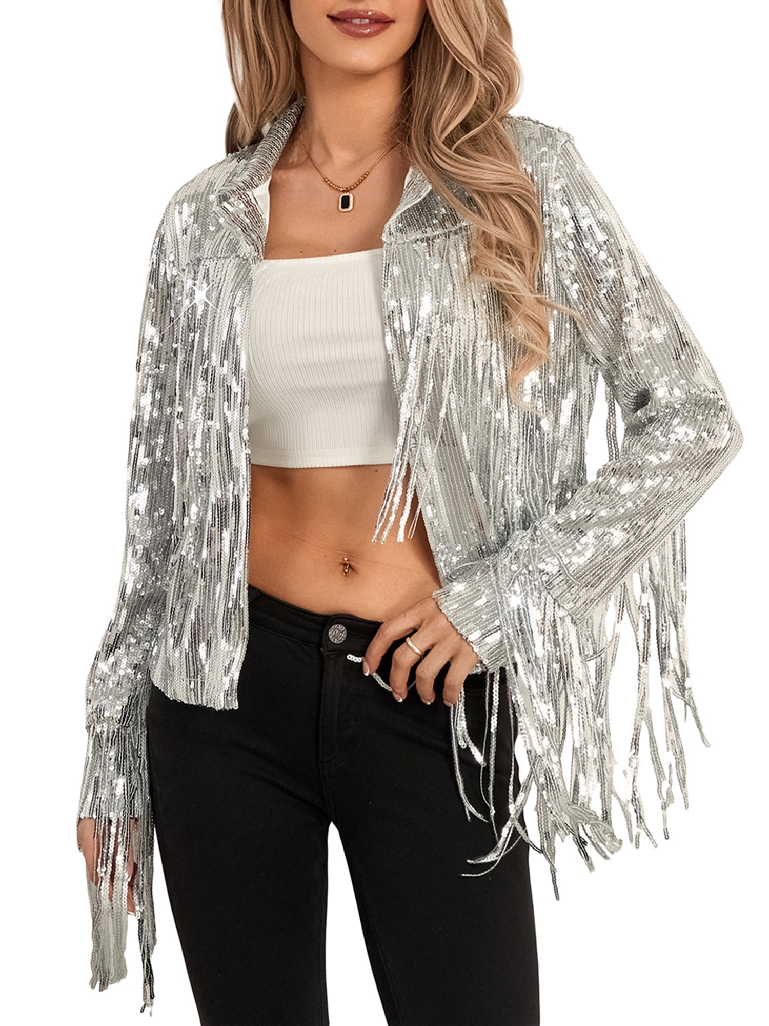 Gupgi Women Sparkly Sequins Jacket Shiny Glitter Open Front Tassel Fringe Coat Disco Jacket