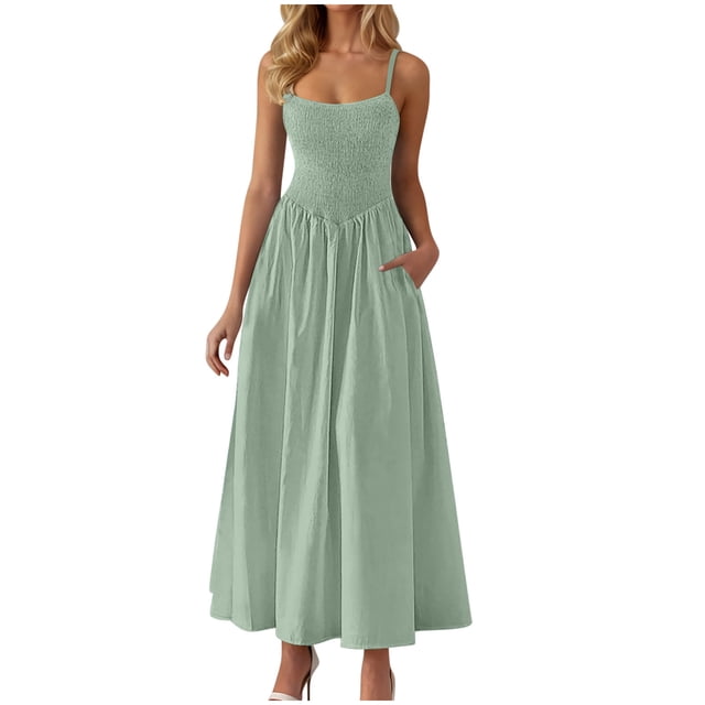 Amzcrzy Robes pour Femmes Couleur Unie Bretelles Spaghetti Robe d'Été Décontractée Col Rond Sans Manches Robes Soleil pour Femmes Tendance à Étages Fluide Robes Maxi avec Poches