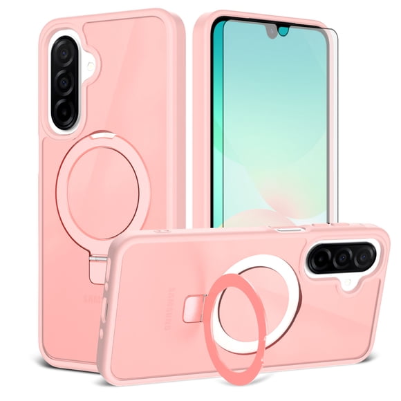 Asuwish Phone Case for Samsung Galaxy A16 A26 A17 5G/4G Tempered Glass Screen Protector Magnetic Folding Stand Frosted Translucent Rugged Shockproof Protective Cell Cover A 16 26 16A Women Men Pink