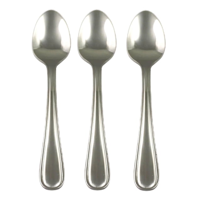 Mainstays 3-Piece Fleetline Dinner Spoons Silver, Adult set featuring three stainless steel flatware spoons with polished silver finish and smooth, subtly ridged handles, arranged side by side on a white background, ideal for everyday dining and dishwasher safe, also suitable for stirring beverages or recipe prep.