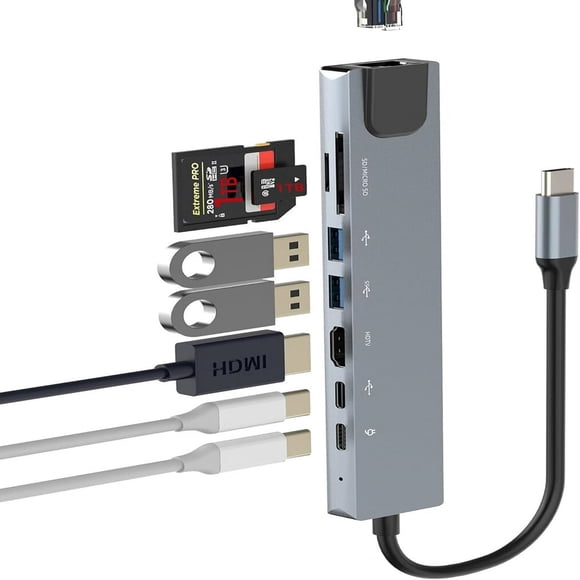 LOVEVER 8 in 1 USB C Hub with 4K@30Hz HDMI Adapter USB C Hub Ethernet Type-c TF SD Card Reader Docking Station Hub for Laptop Extender Surface Accessories