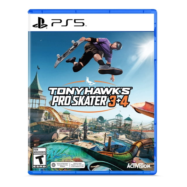Tony Hawk's™ Pro SkaterTM 3 + 4 – Couverture de Jeu PlayStation 5 Montrant un Planchiste Exécutant une Tour Aérienne au-Dessus d'Un Parc de skate Coloré avec des Rampes et des Tours sous un Ciel Bleu Vif, avec le logo du Jeu et la Cote Ado ESRB.