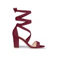 thumbnail image 3 of BLISSFUL STEP Women's Sandals Solid Color Mid Block Heels Lace up Sandals Burgundy 9, 3 of 7