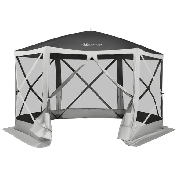 Outsunny 12' x 12' Hexagon Pop Up Screen Tent House, Automatic Camping Shelter Picnic Canopy Outdoor Sun Shade with Mesh Sidewalls and Carry Bag Grey