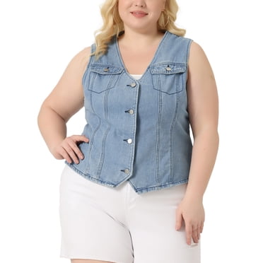 GRACE & GRANDEUR Vestes en Denim Grande Taille pour Femmes Sans Manches Utilitaires avec Poche Gilets en Jean Denim 2X Bleu Pâle