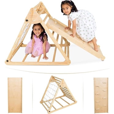 Triangle Climber with Ramp - Premium Wooden Climbing Triangle for Sliding and Climbing - 2 in 1 Stable Toddler Climber Structure - Indoor Kids Climbing Net Toys - Kids Climber - PYRAMIDA