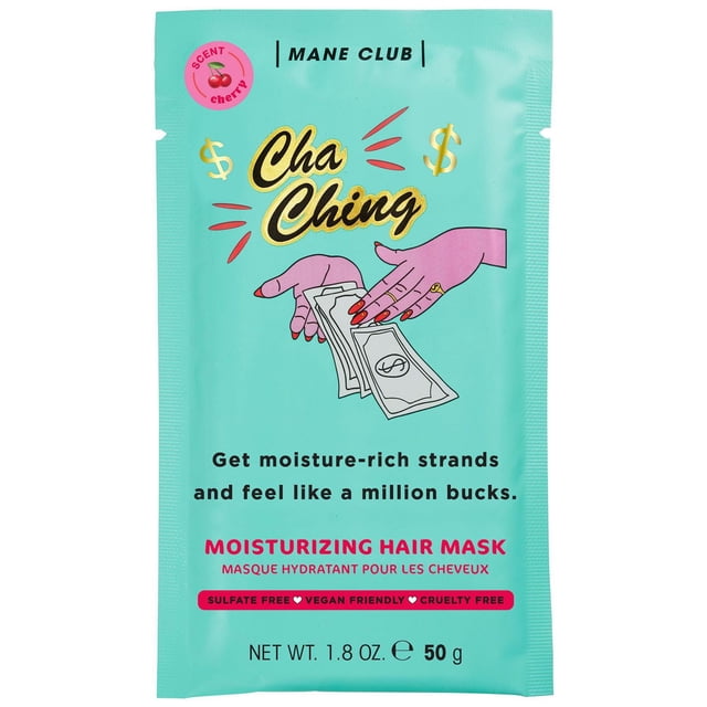 Cha Ching Hair Mask moisturizing hair treatment by Mane Club in a turquoise 50 g sachet with cherry scent, featuring illustrated pink hands holding dollar bills, sulfate-free, vegan-friendly formula that deeply conditions and tames frizz.