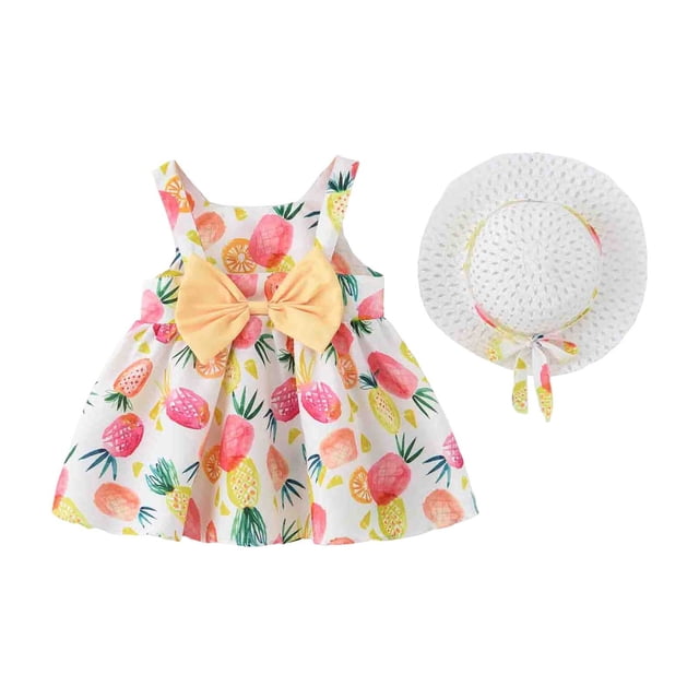 Robe Bébé Robe Tutu pour Bébé Fille Robe d'Été Sans Manches pour Fille avec Chapeaux Deux Pièces Robe de Fée Tout-Petit 1-2 Ans