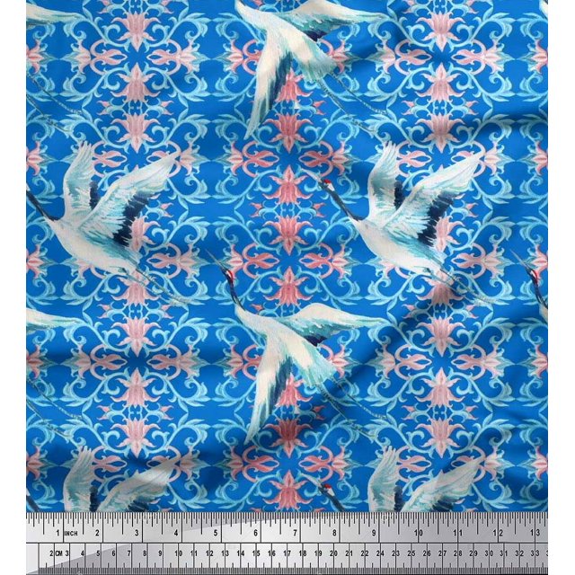 Soimoi Poly Georgette Fabric Floral Damask & Stork Bird Fabric Prints By Yard 52 Inch Wide