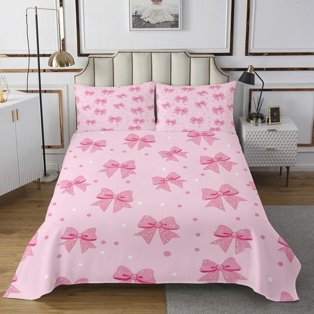 Erosebridal Girls Pink Bowknot Coverlet Set Queen, Cartoon Bow Bedding Set, Princess Decor,
