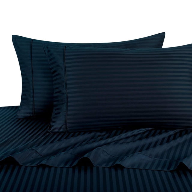 Twin Size Sheets, Navy, 100% Cotton Sheets, Deep Pocket, Cool Cotton Sateen, Smooth Striped Pattern Weaved Bed Sheets