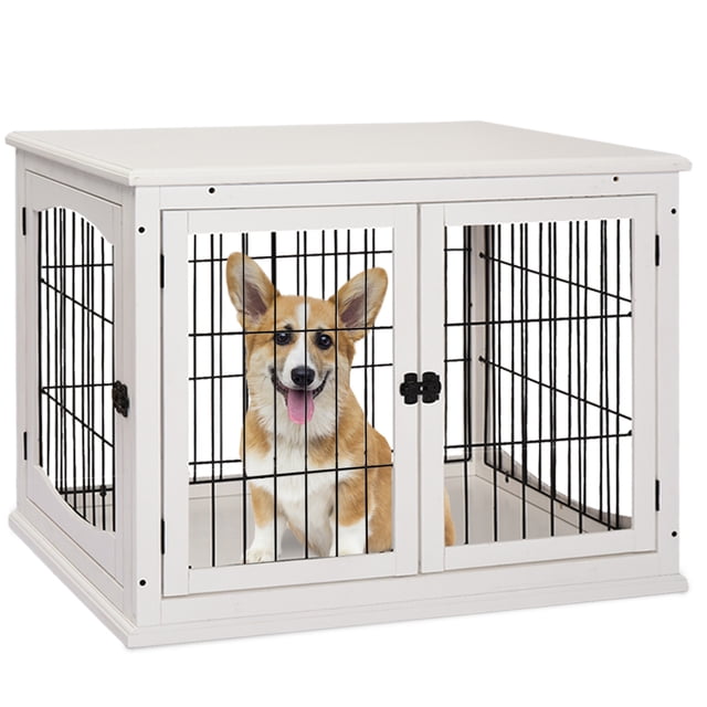 PawHut Cage pour Chien en Bois de 26 Pouces Pet Crate Kennel en Blanc, avec une Entrée à Double Porte et un design Moderne. Faite de Bois MDF durable de Qualité P2 avec Loquets en Métal pour la Sécurité. Convient aux Petits à Moyens Chiens jusqu'à 44 Lb. la surface Supérieure Sert Aussi de table d'Appoint pour les Fournitures pour Animaux, Se Mélange Parfaitement avec les Meubles d'Intérieur. Dimensions : 31.9 Pouces L x 23 Pouces L x 26 Pouces H.