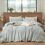 JOLUSERE 100% Organic Cotton Gingham Duvet Cover Queen Set, 3-Piece Linen Like Textured Breathable Soft Comforter Cover (Sage Green Gingham)