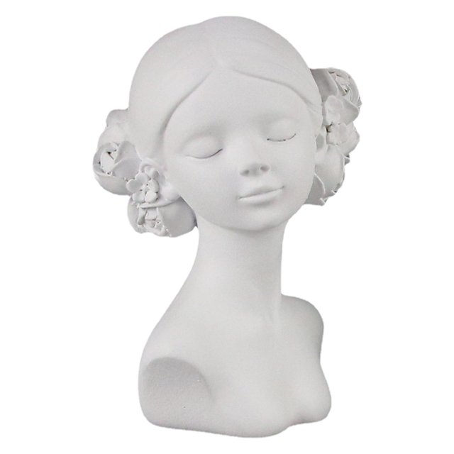 TISHITA Mannequin Necklace Display Stands for Jewelry Show Dresser Home Organization. A plaster mannequin bust with a smooth white finish, designed for displaying necklaces and pendants. The bust features floral accents on the sides and a sturdy base, ideal for jewelry photography, storefront displays, or personal use. Dimensions are approximately 10 cm wide and 14 cm tall.