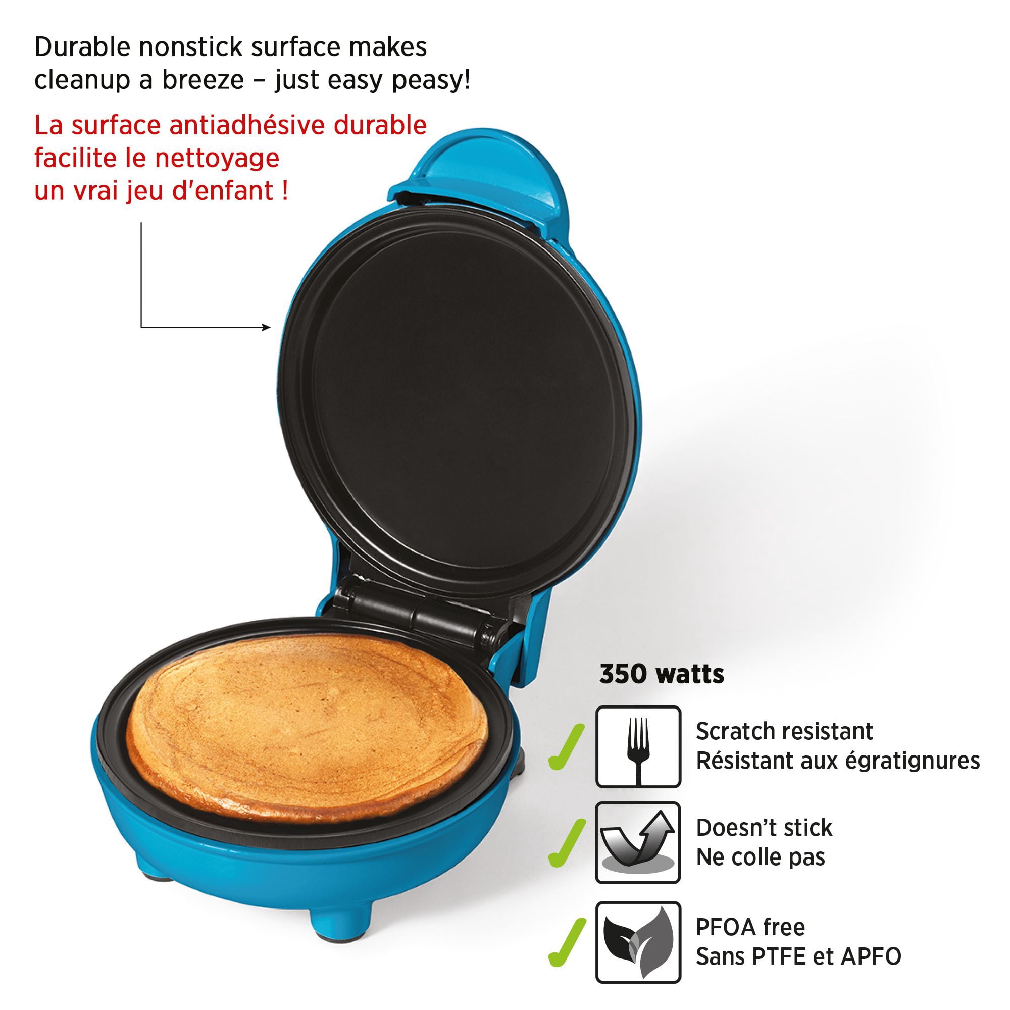 Starfrit Electric Mini Pancake Maker, 4" Non-Stick Cooking Surface, Easy to Use & Clean, Blue, 350 Watts