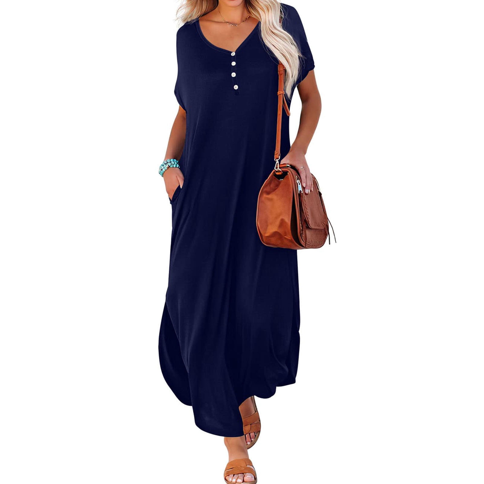 Robes Décontractées pour Femmes 2023 Robe d'Été Tendance pour Femmes à Manches Courtes, Col en V, Évasée, Robe Maxi Décontractée de Plage avec Poches, Robes de Soirée pour Femmes Élégantes et Chic en Liquidation