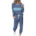 thumbnail image 1 of Posijego Ensemble Femme 2 Pcs Tenue Rayée Décontractée Manches Longues Col Ras du Cou Hauts Pantalons à Cordon Ensembles Détente P-5TG, 1 of 5