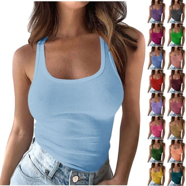lcziwo Ribbed Knit Tank top with Built in Bra for Women Summer Casual Camisole Workout Undershirt Padded Cami Shirts Limited Time Sales Light Blue XXL
