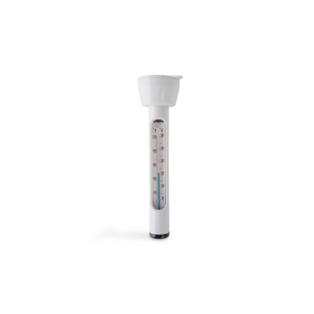 Intex Pool Thermometer with a white plastic floating body and clear temperature scale in Celsius and Fahrenheit, designed for easy water temperature measurement in outdoor pools and pool supplies.