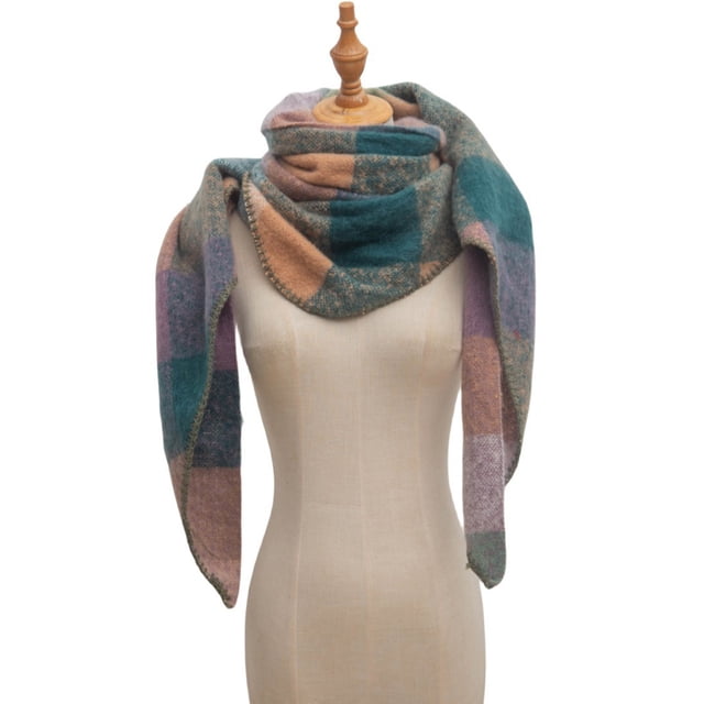 Scarf for Women, Ladies Plaid Scarf European and Winter Circular Yarn Triangular Shawl Scarf displayed on a mannequin. The scarf features a plaid pattern with earthy tones including green, beige, and purple, offering a fashionable accessory for winter. Made from nylon, it is styled as a triangular shawl and measures 198cm by 128cm. Suitable for casual and daily wear, it can also be used as a stylish wrap for layering during colder months.