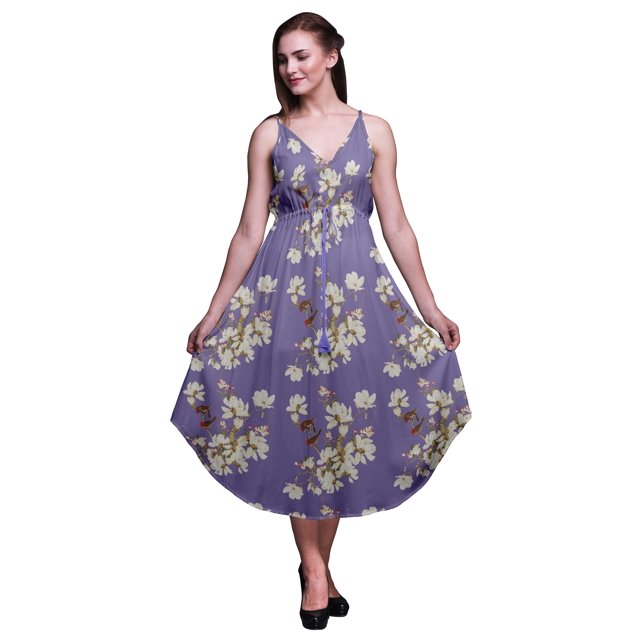 Bimba Robe de Plage Bohème Sans Manches Midi à Bretelles Imprimée Florale pour Femme - Xxx-Grand