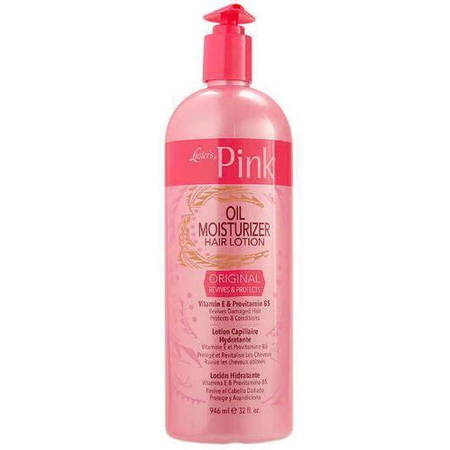 Luster's Pink Oil Moisturizer Hair Lotion in a 32oz bottle with a pump dispenser. The pink bottle highlights its benefits for moisturizing, conditioning, and protecting medium to coarse hair textures. Designed to prevent dryness, breakage, and split ends, it is suitable for daily use.