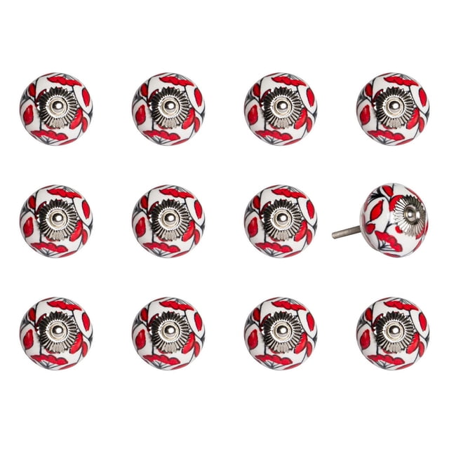 KNOB-IT vintage handpainted ceramic knobs 12-pack featuring round white ceramic knobs with red floral patterns and silver metal bolt centers, each 1.5 inches in diameter with bolts that can be trimmed to size, ideal for cabinets, drawers, and cupboard hardware with easy installation and no additional hardware required.