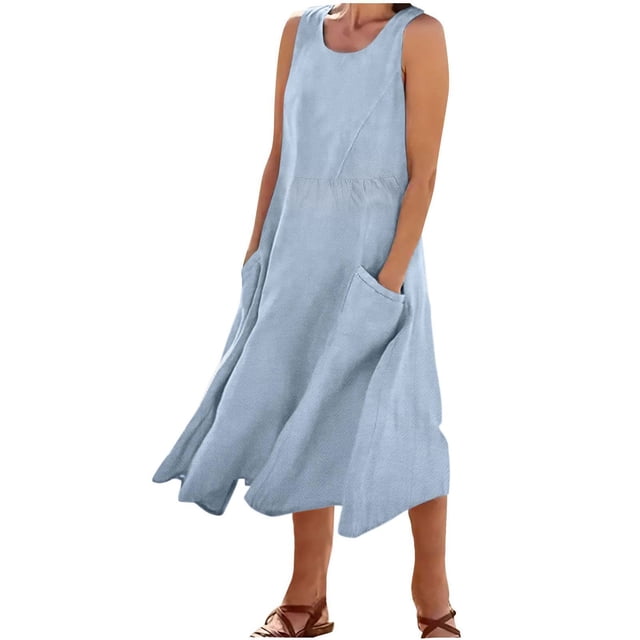 Timegard Robes d'Été pour Femmes Col Rond Ajusté Sans Manches Léger Décontracté Ample Robe avec Poches
