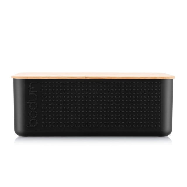 Bodum Bread Box, Large, Black, rectangular with textured BPA-free plastic sides and a bamboo lid that doubles as a cutting board with crumb-catching grooves, designed to keep bread and pastries fresher longer in kitchen storage.
