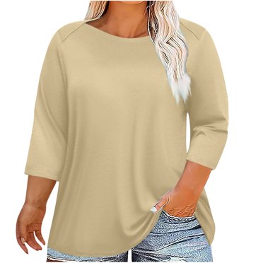 Kaemgyyd T-Shirts à Manches 3/4 pour Femmes 2025 Mode Col Ras du Cou T-Shirts Grande Taille T-Shirt Basique Uni Vêtements d'Entraînement au Gym