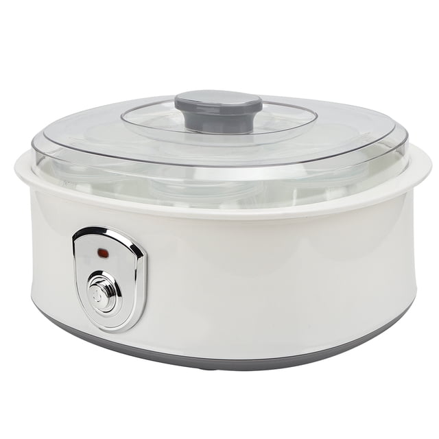 EU 220-240V Yogurt Maker, Automatic Yoghurt Machine with a 1.5L capacity, featuring a white ABS body, transparent lid, and control knob. Includes seven 180mL glass jars for making multiple yogurt flavors simultaneously. Ideal for home, office, or kitchen use as a DIY yogurt and dessert maker.