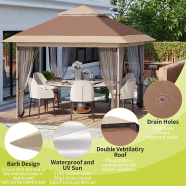 Quick Collapsible Canopy for Patio & Garden - Double Roof, Waterproof, UV-Protection, Mosquito Netting, Adjustable Height, Wheeled Carry Bag - Outdoor Canopy Tent, Dark Brown+Khaki, 3.6x3.6M