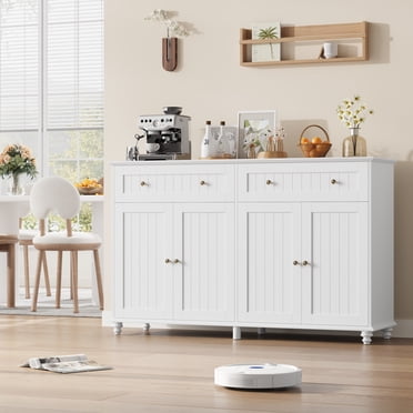 Homfa Buffet de Cuisine Blanc de 55,1 Po L avec Tiroir de Rangement et Tablette Ajustable, Armoire de Bar à Café en Bois, Bahut pour Salle à Manger