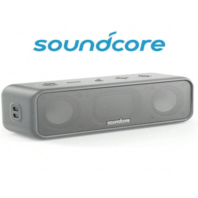 DEELLEEO Soundcore 3 by Anker Bluetooth speaker in grey with stereo sound, featuring 24-hour playtime, IPX7 waterproof rating, pure titanium diaphragm drivers, PartyCast technology, BassUp enhancement, and app-controlled custom EQ. The wireless speaker has a USB Type-C interface and rechargeable power supply, suitable for home or outdoor use.