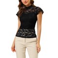 thumbnail image 1 of INSPIRE CHIC Women's Keyhole Back Top Short Sleeve Stand Collar Semi Sheer Blouse M Black, 1 of 7