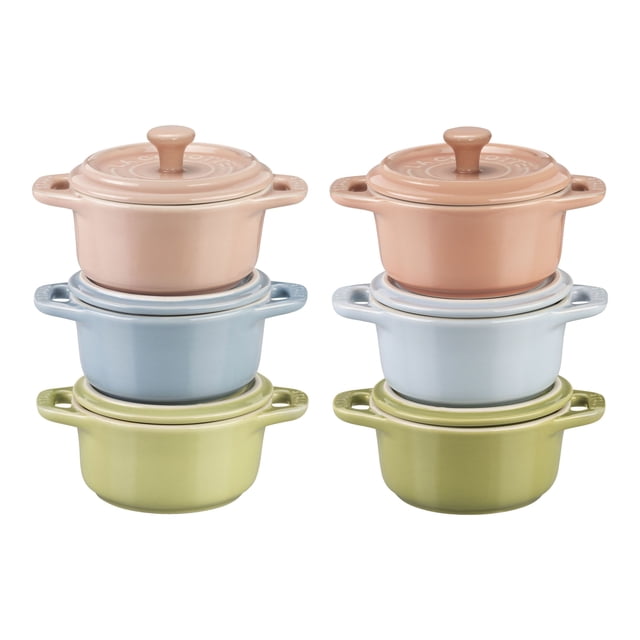 STAUB Ceramique 6 Piece Ceramic Cocotte Set Macaron in mixed colours, featuring six mini cocottes in pastel hues of pink, blue, and green. Each cocotte has a vitreous porcelain-enamel finish, double handles, and a matching lid. Designed for baking, serving, and storing, these stoneware pieces are oven, microwave, and dishwasher safe, with exceptional heat retention and scratch resistance.
