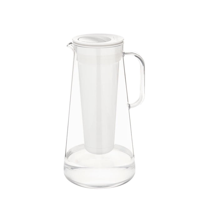 LifeStraw Home 7C Water Filter Pitcher with clear BPA-free plastic tapered body, white lid, and internal filter cartridge, featuring a clear handle and easy-fill top, designed to remove over 30 contaminants including bacteria and heavy metals, fitting most refrigerator doors.