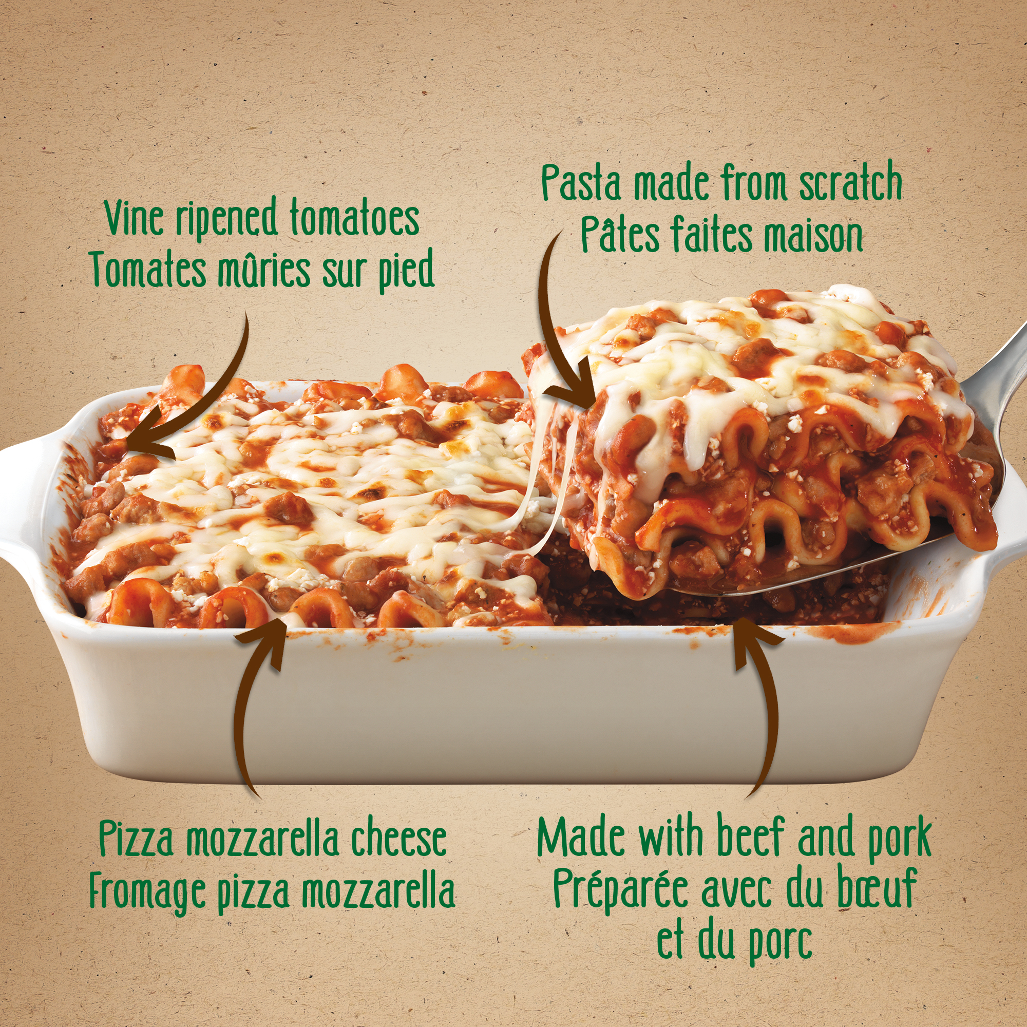 Marie Callender's Lasagne à la viande repas surgelé, Repas copieux, Avec pâtes entièrement cuisinées par nous et tomates mûries sur pied, Fait avec du bœuf et du porc Lasagne à la viande repas surgelé, 879g