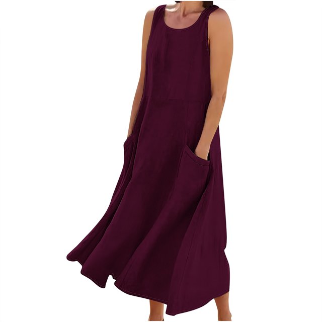 RKSTN Robes d'Été pour Femmes 2024 Décontractées Amples Grande Taille Col Rond Couleur Unie Robes Maxi avec Poches Mode Légères Évasées Robes Soleil
