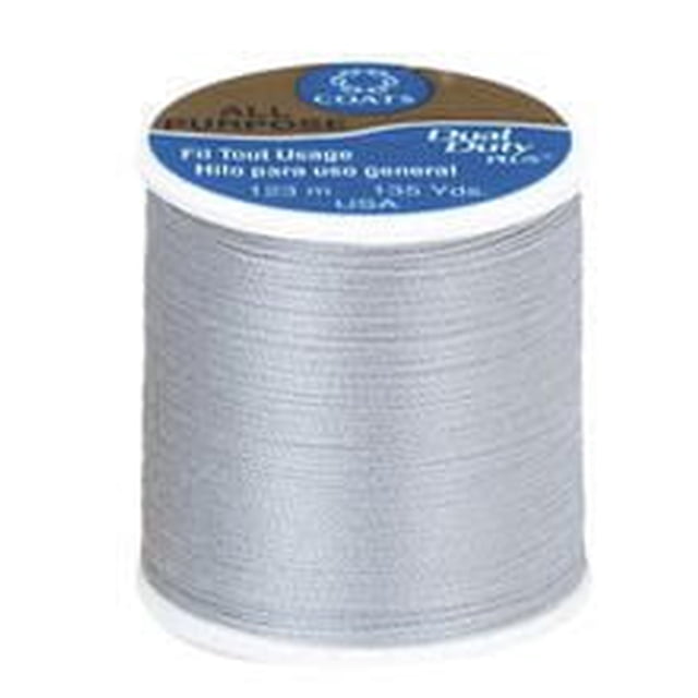 Coats & Clark All Purpose Polyester Thread spool in light grey, containing 123 metres of 100% polyester covered polyester thread suitable for hand and machine sewing on knits and woven fabrics, with a blue and white label on top.