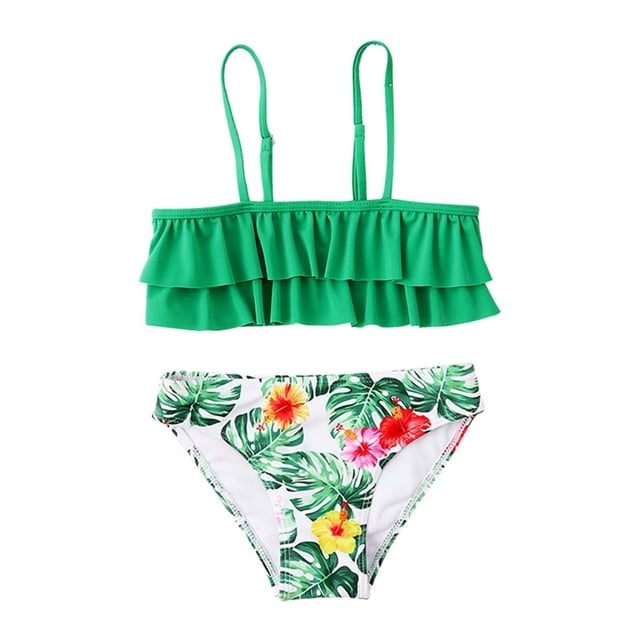 Girl Swimsuits 2 Piece Summer Tankini Swimsuit Hawaiian Ruffle Kids Bathing Suits 5-6 Years