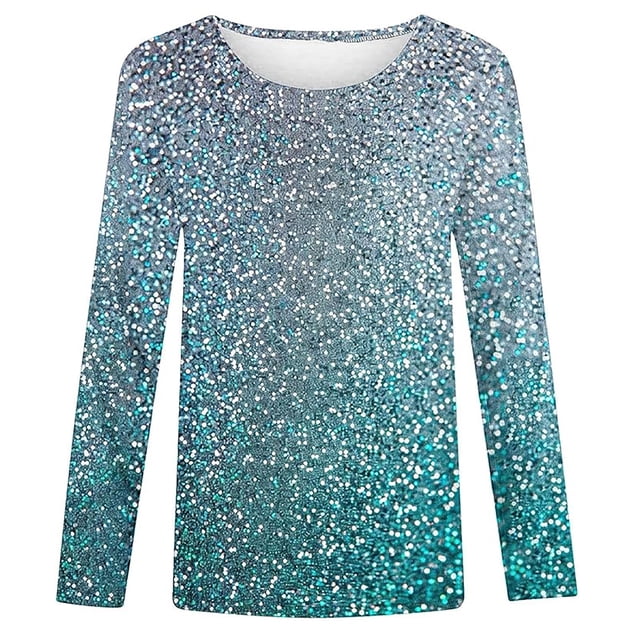 Girls Tshirts Spring Summer Long Sleeve Gradient Sequin Printed Round Neck Flash Shirt Girls Tops Light Blue 6-7Years