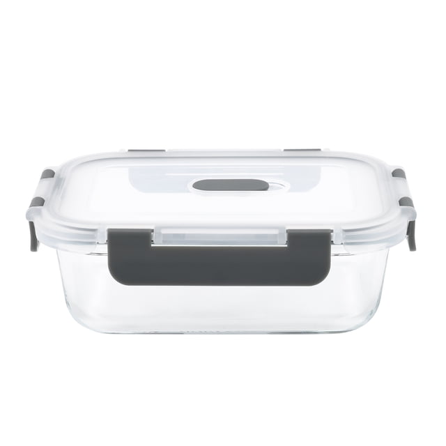 Mainstays Rectangle Glass Food Storage Container 1L with clear borosilicate glass body and white airtight lid secured by gray locking clips, oven, microwave, freezer, and dishwasher safe, suitable for kitchen food storage and meal prep organization.