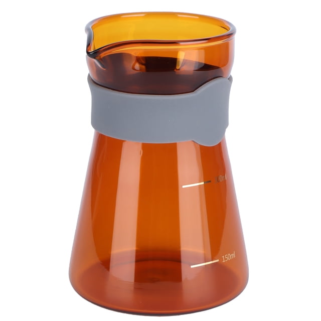 Cold Brew Iced Coffee Maker, Easy To Extract Pour Over Coffee Maker for Coffee Lovers, featuring a high borosilicate glass body in a warm brown hue. The pot has a conical shape with a grey silicone grip for easy handling and visible measurement markings for precision brewing. Suitable for home kitchens and coffee shops, it is heat-resistant, explosion-proof, and can withstand temperature changes up to 130 degrees Celsius. Ideal for making pour-over coffee.