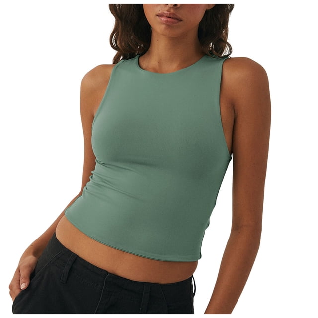 MIASHUI Womens Tank Tops Trendy Summer Crewneck Sleeveless Casual Basic Top,Green,S