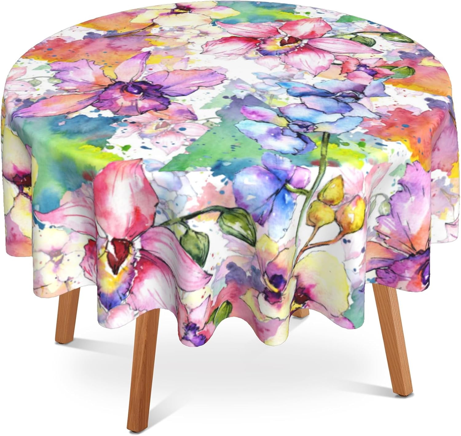 Floral Round Tablecloth 60 inch,Orchid Flower Watercolor Circle Table Cloth Polyester Waterproof Stain Wrinkle Free Table Cover for Home Kitchen Dining Party Pinic Patio Outdoor Decor