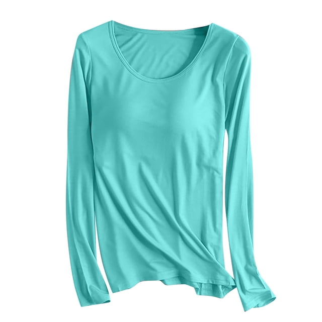 AherBiu Hauts Grande Taille pour Femmes Automne Manches Longues Haut de Pyjama Doux avec Soutien-Gorge Intégré Col Ras du Cou T-Shirts de Pyjama Confortables