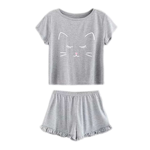 Ensemble de Nuit Décontracté pour Femmes Pyjama Court Filles Décontracté Maison Manche Haut Dessin Animé Shorts