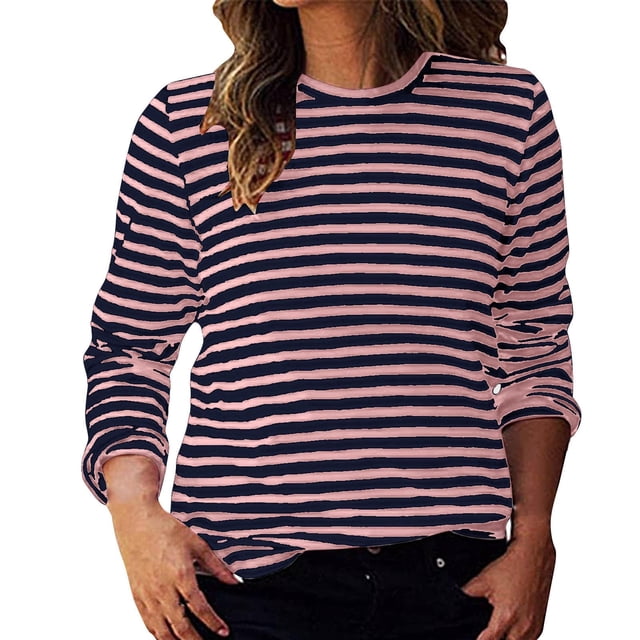 Aocisk T-Shirts à Blocs de Couleur Rayés pour Femmes, Manches Longues, Col Rond, Coupe Régulière, T-Shirts Décontractés, Confortables pour l'Automne, Hauts Rose Pâle, S
